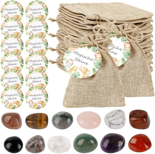JABNOW 12 Stück Glückssteine für Kinder,Glücksbringer Steine mit Jutesäckchen und Waldtier Etikette,Magische Steine Kindergeburtstag Mitgebsel Edelsteine für Party,Weihnachtstag-36 Stück