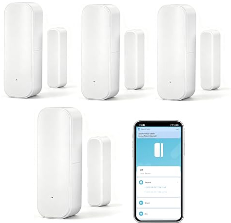 WiFi Türsensor Fenster Detektor: Smart Window Contact Sensor, Wireless Magnetic Door Open Detector with Free Notification Alerts, Compatible with Alexa Google Assistant (4-Pack)