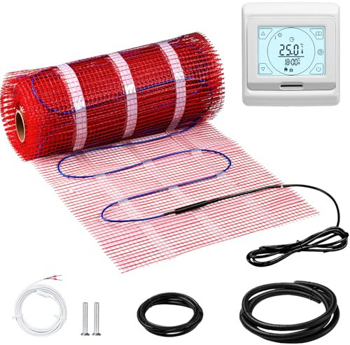 KEZERS Riscaldamento a pavimento elettrico 150 W/m², 8,0 m², 16,0 x 0,5 m, autoadesivo per piastrelle, laminato e altro, termostato digitale touch con programma settimanale per bagno, corridoio