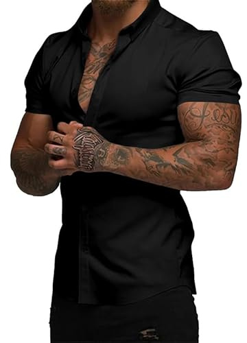 Elegancity Mens Shirts Short Sleeve Smart Casual Summer Beach Shirts Slim Muscle Fit Button Down Formal Dress Shirt S-3XL