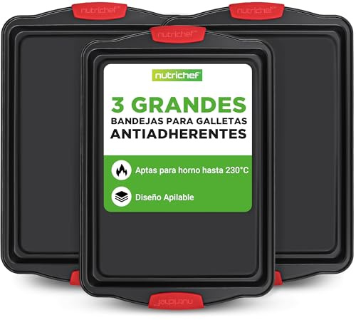 NutriChef Non Stick Baking Trays for Oven,Set of 3 Bakeware Oven Trays Non Stick, Durable Carbon Steel Baking Tray Set, Silicone Handles, Easy Clean, Oven Safe 230°C(44x30x1.8cm)