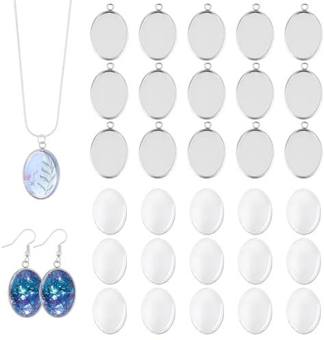 UNICRAFTALE 20 Set Ovaler Cabochon Anhänger Edelstahl Anhänger Mit 20 Stück Glas Cabochon Basis Sets Für Halsketten Schmuckherstellung