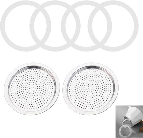 SANTUO 2 Filters and 4 Silicone Gaskets for 6 Cup Espresso Maker,Moka Pot Replacement Parts, Food Grade Heat Resistant Seal, Compatible with Aluminium Moka Pot and Stovetop Coffee Maker