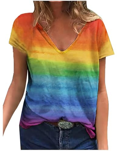 Haut en maille pour femme mode été décontracté col en V imprimé arc-en-ciel haut à manches courtes femme t-shirt femme pull d'équitation femme