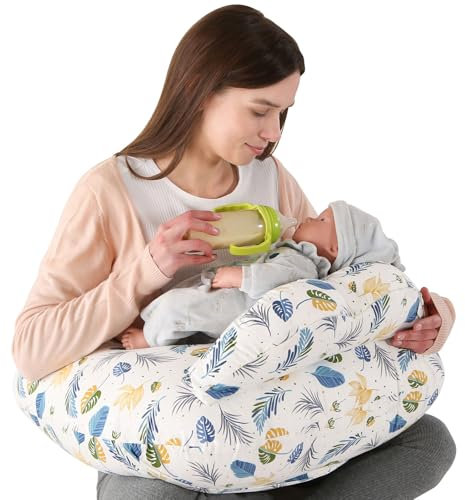 Labtec Nursing Pillow for Breastfeeding Baby, Multifunctional Breast Feeding Pillow with Adjustable Waist Strap and Safety Fence, 100% Cotton Removable Pillowcase, Leaf Pattern