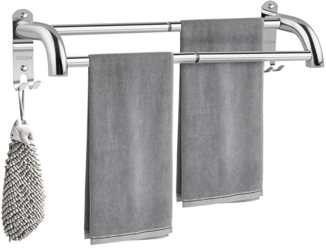 Focenat Portasciugamani da Parete Estensibile 43-75cm, Porta Salviette in Acciaio Inox con Ganci, Senza Forare, Porta Asciugamani Bagno Adesivo o con Viti, per Bagno Cucina (Argento, 2 Aste)