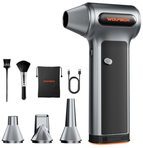 WOLFBOX MF200 Compressed Air Duster with Removable Battery, Super Power Cordless Blower - 3-Speed Adjustable, Long Life Mini Air Duster with 4 Nozzles for Computer Keyboard, Car Cleaning, Outdoor Use
