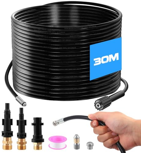 Tuyau de débouchage haute pression 15m 30m pour Kärcher K2-K7, Lavor, Bosch & Parkside. 3 adaptateurs, 2 buses et ruban téflon, Ultra résistant & polyvalent, Kit de nettoyage de canalisati (30M)