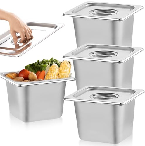 GOMETY 3 Stück Gastronormbehälter Edelstahl mit Deckel, GN Behälter 1/6 Größe 17,5 x 16,5 x 10 cm, Panierschalen Panier Set 3-teilig, Stapelbar Panierstraße Rechteckig für Fleisch, Fisch, Gemüse