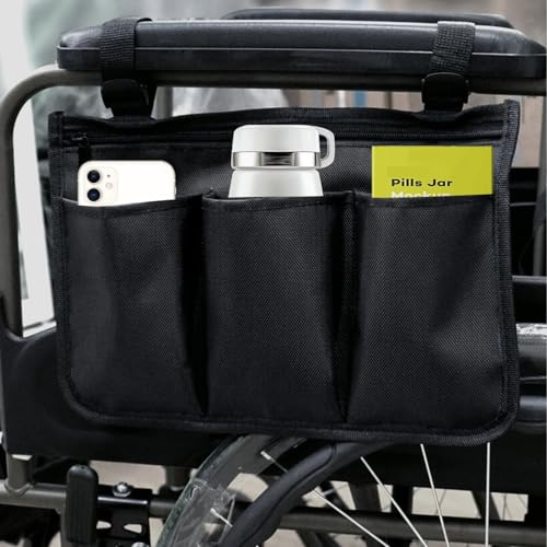 Firavggu Bolsa para Reposabrazos de Silla de Ruedas Impermeable de Oxford con 3 Bolsillos - Bolsa Lateral para Silla de Ruedas - Compatible con la Mayoría de Sillas de Ruedas y Andadores (Negro)