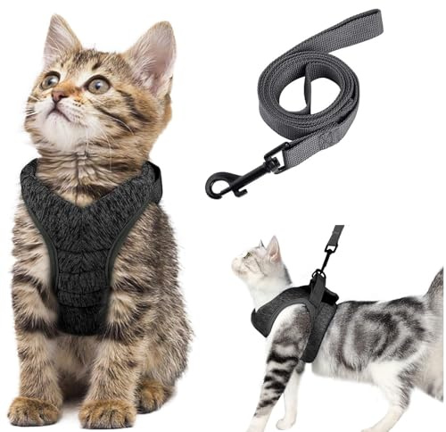 Ausbruchsicheres Katzengeschirr Set mit Katzenleinen, Verstellbares Katzengeschirr Ausbruchsicher, für Katzen Kitten Hunde Welpen(Grau -M)
