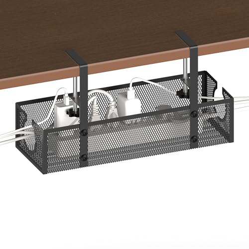 Under Desk Cable Management Tray - No Drill or Screw Mount Option, Heavy Duty Metal Cord Organizer Rack, Power Strip Holder for Office & Home