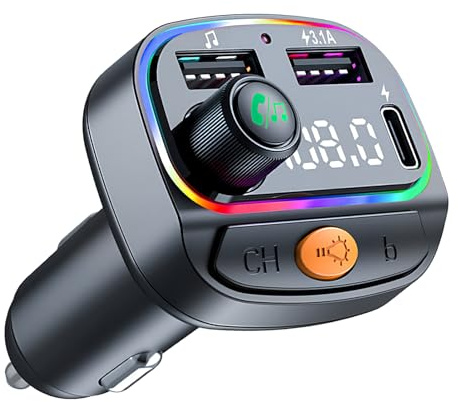Bluetooth Voiture Transmetteur FM, Adaptateur Bluetooth sans Fil 5.0, Fonction Mains Libres, Lecteur MP3, Prise en Charge des Basses Hi-FI, Allume Cigare Charge Rapide, avec lumière D'ambiance