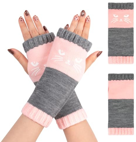 Youkly Fingerlose Handschuhe, Warme Weiche Katzenmuster Strickhandschuhe mit Offenen Fingern für Damen & Mädchen, Winter Outdoor Accessoire für Katzenliebhaber (Rosa)