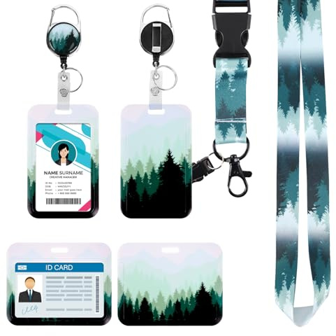 Ausweishülle mit Band – Kartenhülle mit Band & Ausweishalter Ausziehbar, Lanyard mit Kartenhülle für Büro, Schule, Events – Robust, Sicherer Kartenhalt, Bequem Tragbar (Wald)