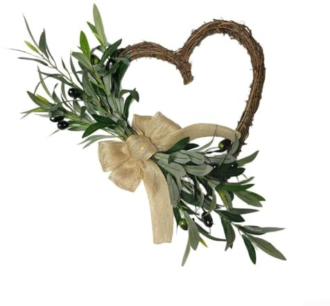 HEIBTENY Heart Shaped Silk Olive Wreath, 40 CM Summer Artificial Flowers | Constructed On Grapevine Frame For Seasonal Decoration In For Spring And Summer Settings, 6 inch heart wreath