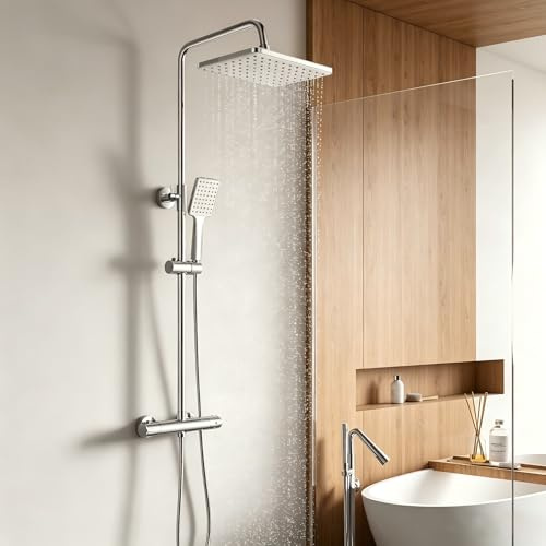 YOOZENA Duscharmatur Komplettset,Duscharmatur mit Thermostat,Regendusche mit armatur, Duschsystem,für Badezimmer,Chrom