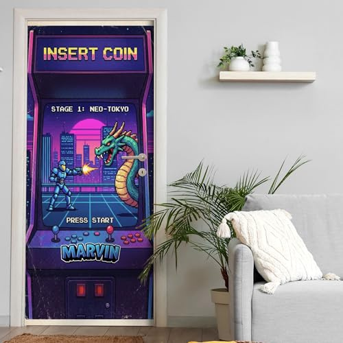 Türtapete selbstklebend | personalisiert mit Namen | 200 x 90 cm Gamer Retro Arcade Pixel | Tür Aufkleber Poster Türfolie | Einteilig | Wasserfest 3D Türaufkleber Wandtattoo Türposter Teenager