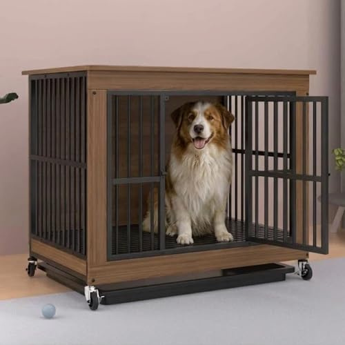 Hundebox Möbelstil aus Holz mit Rollen – Hundekäfig Indoor für Zuhause, Stabiler Metallrahmen, Abschließbare Tür & Herausziehbare Bodenschale, Große Hundebox als Beistelltisch für Wohnzimmer (M)