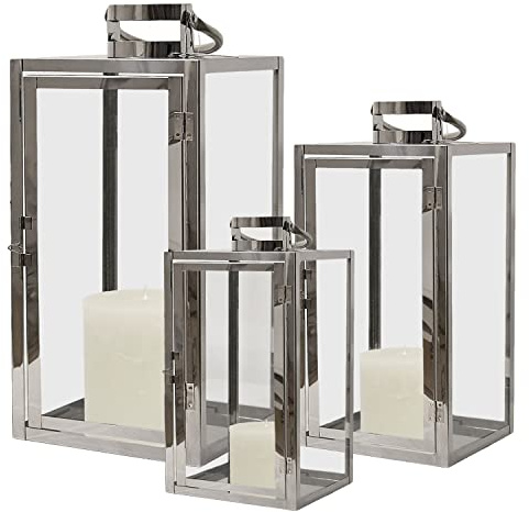 INDA-Exclusiv XXL Luxus 3er Set Gartenlaternen Set aus Edelstahl Windlicht Laterne Edelstahl-Laternen Glas 30/40 / 53 cm Silber