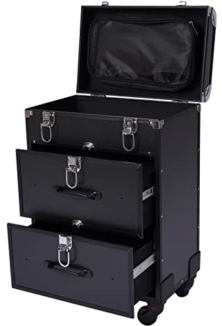 Loobiiny Kosmetikkoffer Trolley ManiküRe Tisch Kosmetikkoffer Professioneller Make-Up Koffer Mit Drehbaren Universalrollen Makeup Koffer(Schwarz)