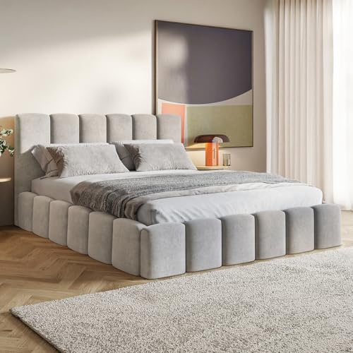MOTIVENA Nunu Bubble Bett 180x200 Grau Samt, mit Stauraum, mit Kopfteil, mit Lattenrost, ohne Füße, ohne Matratze, Bubble Polsterbett 180x200 mit Bettkasten Grau (Hellgrau)