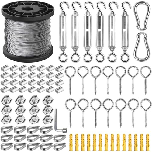 Xyxu Garden Wire for Climbing Plants, 50m Stainless Steel Wire Rope Kit | 2mm PVC Coated Heavy Duty Metal Cable Catenary Fence Wire Rope Trellis Kit with M5 Turnbuckles Wires Tensioner, Vine Eyes
