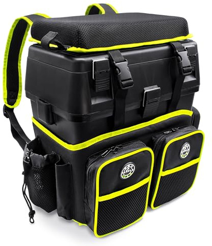 Pro Tackle Allround Sitzkiepe mit Rucksacksystem, Lime | Stabil und leicht, Gepolsterte Sitzfläche, Integrierter Rutenhalter, 3 Reißverschlusstaschen