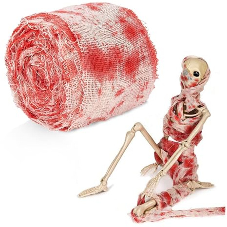 Halloween-dekoration läskigt blodtyg 10 m x 8 cm, CARGEN bandage för en mumidräkt, läskig falsk blodig rekvisita chiffonggardin för trapphus inomhus dörr