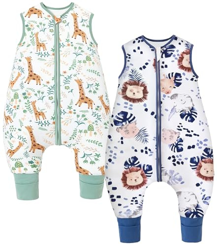 Chilsuessy Baby Schlafsack mit Füßen 2er Pack 2.5 Tog Kinder Winter Schlafsack Soft Baumwolle Baby Schlafsack mit Beinen, 2.5 Tog/Löwen + Tiere, 90cm/Baby Höhe 95-105cm