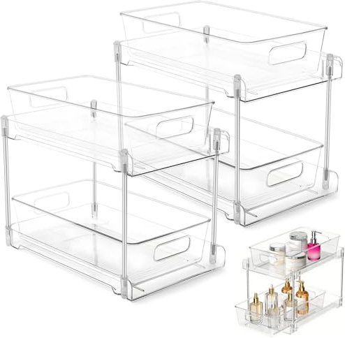 2 Pezzi Organizzatore Sotto Lavandino, 2 Livelli Organizer Sottolavello Trasparente, Scatola Archiviazione Cosmetici, Scaffale Stoccaggio Multifunzionale per Bagno, Cucina, Armadietto, Camera Letto