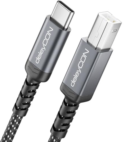 deleyCON 2m Câble Imprimante USB-C (Pour Imprimante, Scanner, MIDI) USB-C vers USB-B, Câble Tressé + Connecteurs Métalliques pour HP Samsung Epson Dell Lexmark Brother Canon etc.