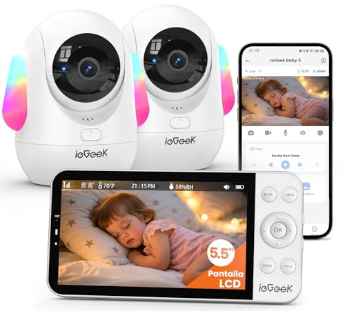 ieGeek 5.5 2.5K/4MP Camara Vigilancia Bebe WiFi, Alerta de Cara Tapada y Dormir Boca Abajo, Colorida Luz Nocturna, 360° Seguimiento Movimiento Vigilabebes con Camara, VOX, Compatible Echo(2pcs)