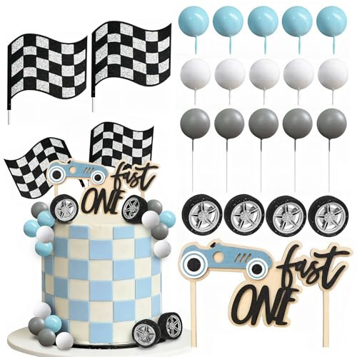 22Pcs Racing Theme Cake Decorations, Car Cake Topper, Hot Wheels Ball Cake Topper, Grid Flag Tire Birthday Cake Decoration, Baby Shower Party Decoration Supplies