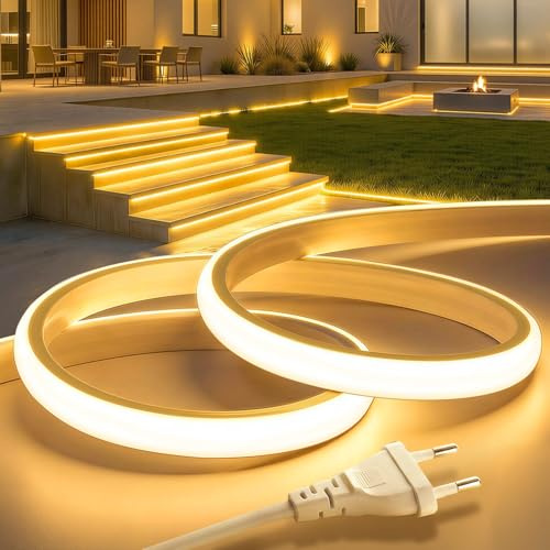 Lamomo COB LED Streifen 20M, Aussenbereich 3000K Warmweiss LED Leiste, Wasserdicht Silikon Neon Led Strip 5760 leds, CRI 95+, Flexibel, 10mm Breit, 220V Direktstecker für Outdoor Garten Gewerbedekor