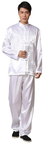 XUCZHAI Traditionell herr-satin-kung-fu-kostym, vintage broderi, drak-tai-chi Wushu-uniform-kläder (vit, XXXL)