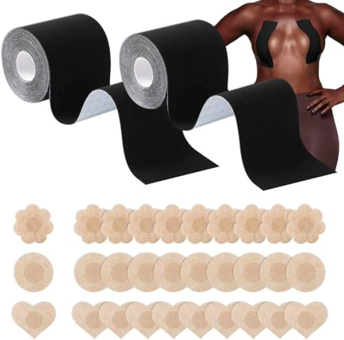 HSAJS 2 Rouleau de Poitrine et 15 Paires de Cache-tétons, Boob Tapeet, Soutien Gorge adhesif Breast Lift Tape pour A-E Cup, Ruban de Levage de Poitrine Respirant Bricolage (Negro)