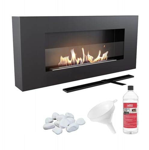 KRATKI Delta Flat Bioethanol-Kamin – Wandkamin mit Glasfront TÜV-Zertifiziert – 0,4 l Biobehälter, rauchfreie Verbrennung – inkl. Dekosteine & Trichter – Stahl in Schwarz Matt, 40 x 90 cm