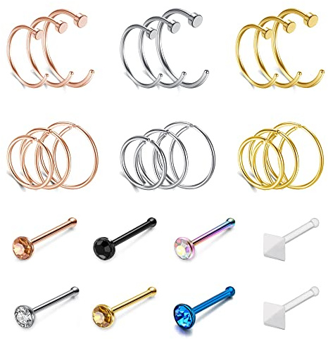 PiercingJak Nasenpiercing Dünne Nasenring Nase Piercing Ring Set 20G Gerade Nasenstecker Nasenreifen Nasenseptum Hoop Ringe 8mm 10mm 12mm Nostril Piercing aus Edelstahl Acryl mit Strass, 26pcs