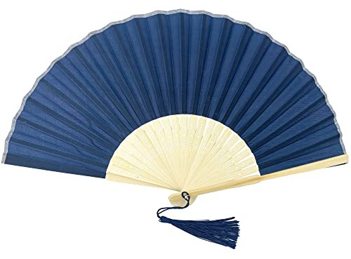 FANSOF.FANS Abanico de mano plegable de tela con borlas de bambú de grado A para mujeres y niñas, fiesta de verano, eventos, cumpleaños, boda, regalo de recuerdo (azul marino)