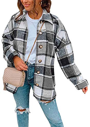 YMING Mujer Chaqueta De Cuadros Vintage Blusa De Mangas Largas Enrolladas Chaqueta De Leñador Camisa A Cuadros Gris S