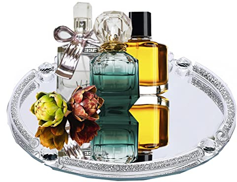 LFGKeng Round Crystal Tray, 10x10 Silver Glass Perfume Tray
