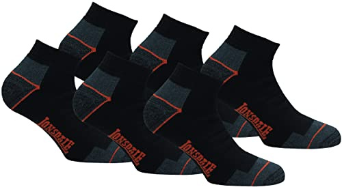 Lonsdale 6 Paires Chaussettes Sneaker de Travail - Hauteur Cheville - Chaussures Sécurité - Pointe Talon Renforcés - Coton éponge (Noir, 43-46)