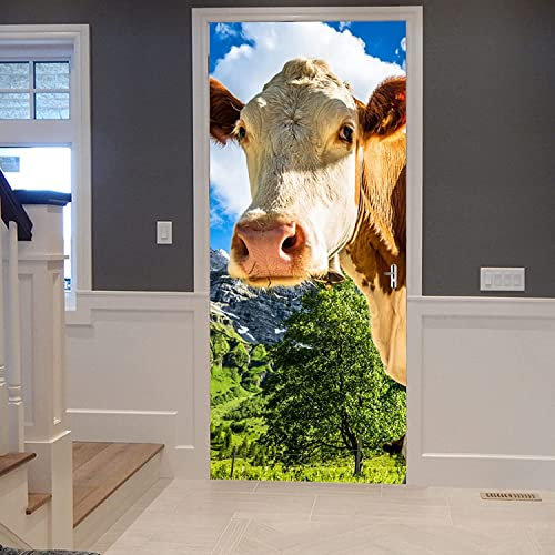 3D Türbild - Tierische Kuh 80 X 200 Cm Türtapete Selbstklebend Wasserdicht Pvc Türposter Fototapete Holzwand Türaufkleber Wandbild Für Tür Wohnzimmer Schlafzimmer Küche Und Bad - Türfoto