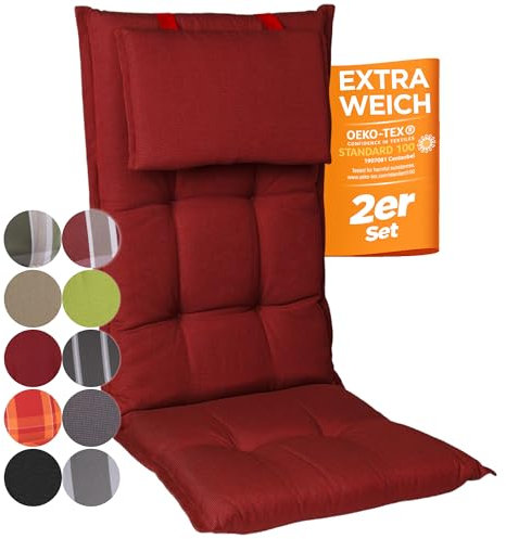 gardisun Gartenstuhlauflagen Hochlehner mit Kopfteil I Extra Dicke Sitzauflagen I Made in Europe I Ideale Polsterauflagen für Hochlehner I Auflagen mit extra hoher Lichtechtheit I 2er Set I Rot