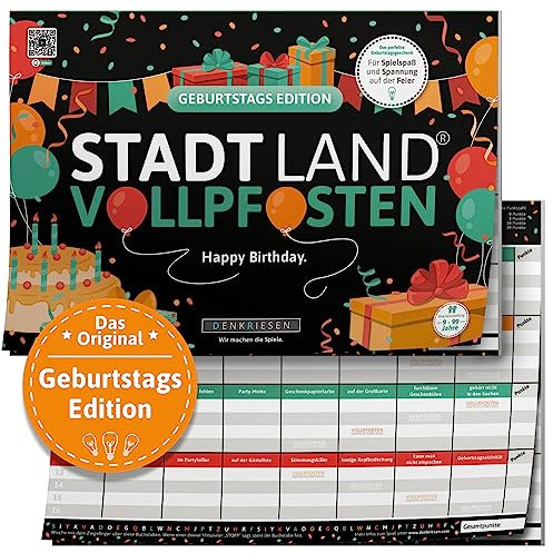 DENKRIESEN - Stadt Land VOLLPFOSTEN® - Geburtstag Edition - 'Happy Birthday.' - DIN A4 Spielblock | ab 9 Jahren | 50 Blatt | Geschenkidee | Partyspiel | Familie | Spaß vorprogrammiert