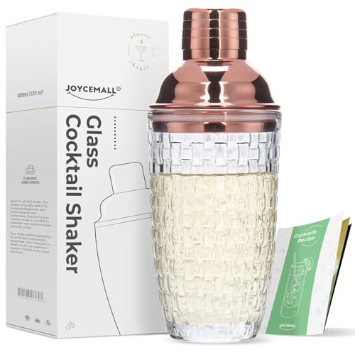 JOYCEMALL - Kit shaker per cocktail in vetro, 368,5 g, con coperchio e colino in acciaio metallico a tenuta stagna, per uso domestico e carrello da bar (oro rosa)