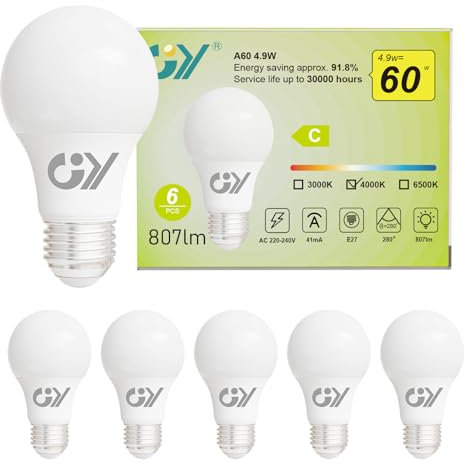 GY Lampadine LED E27, 4.9W (equivalenti a 60W), 807Lumen, 4000K Bianco Neutro, Risparmio Energetico LED A60, Lunga Durata, Basso Consumo,Non Dimmerabile, 6 pezzi