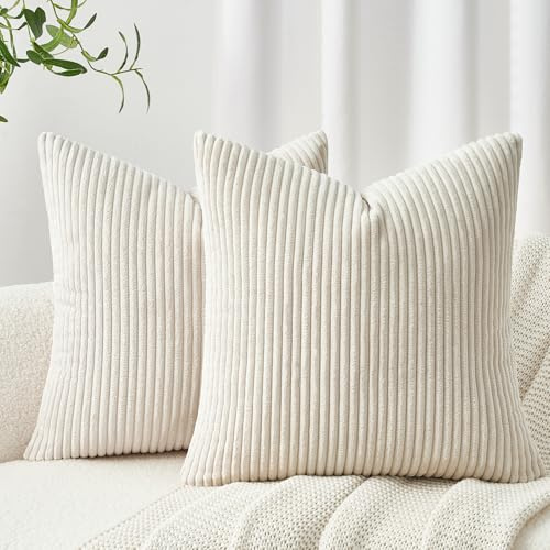 Topfinel Kissenbezug 35x35 2er Set Creme beige gestreiftes Muster Kordsamt Kissenbezüge Kissenhülle Dekokissen Sofakissen Couchkissen Dekokissen Zierkissenbezug Deko Kissenhüllen Wohnzimmer