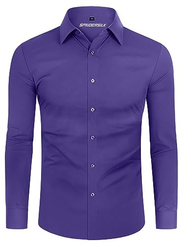 DEMEANOR Camicia da uomo a maniche lunghe elasticizzata slim fit camicia casual camicia business antipiega, Lilla, 3XL